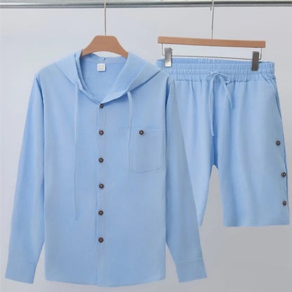 Hawaii Linen Hooded Shirt Shorts Set