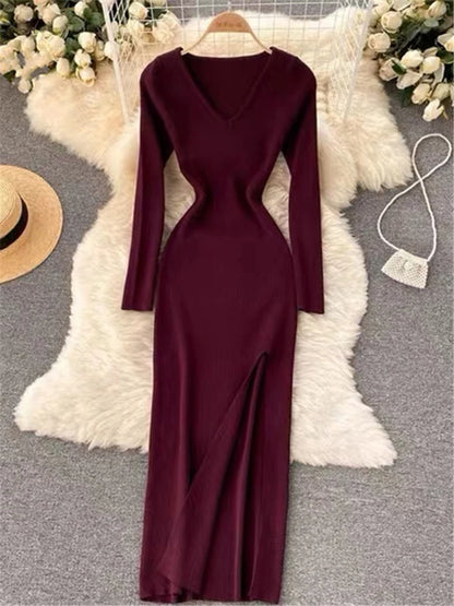 V-Neck Slit Sweater Dress