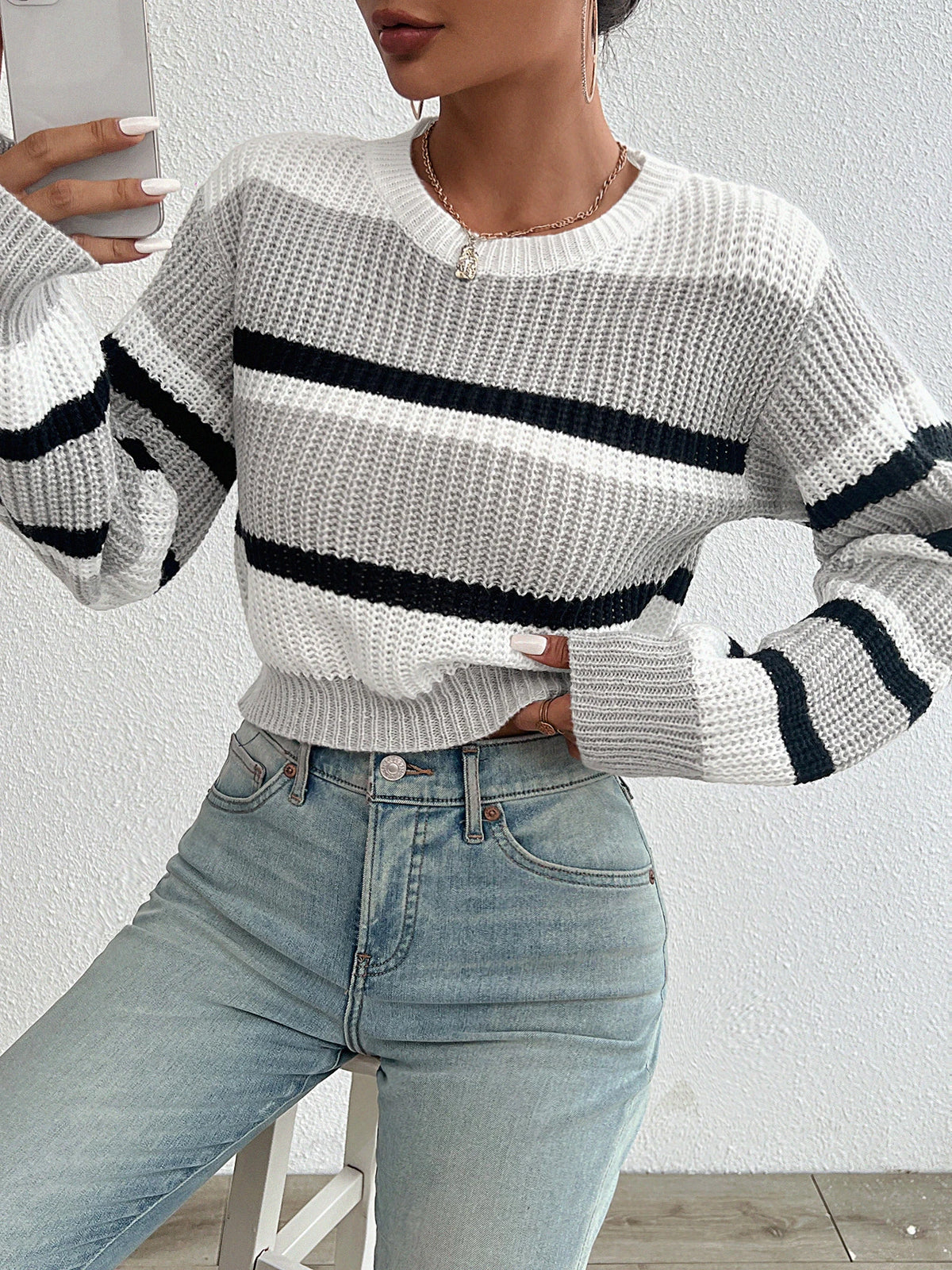 Drop-Shoulder Striped Acrylic Sweater
