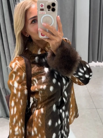 Deer Print Faux Fur Jacket