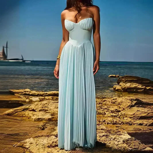 Suninheart Summer Sexy Strapless Pleated Maxi Dress