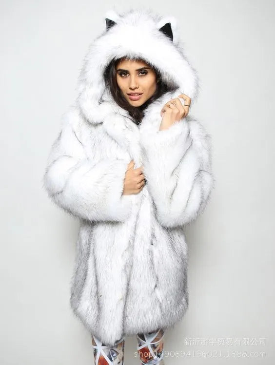 Animal Ear Hooded Faux Fur Coat
