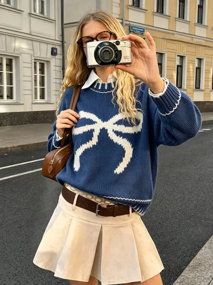 Blue Bow Knit Sweater