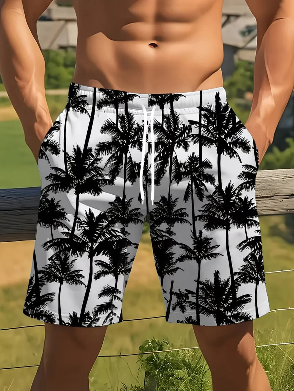 Coconut Tree Print Swim Trunks