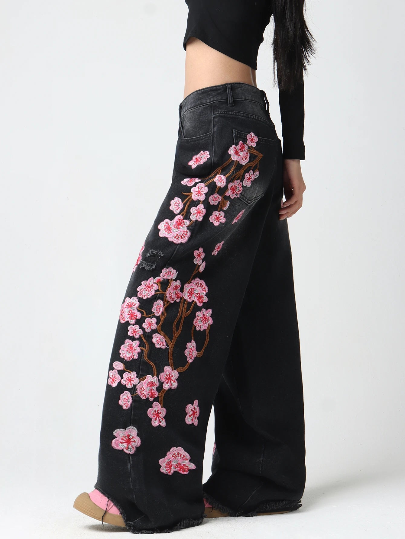Embroidered Distressed Wide-Leg Jeans