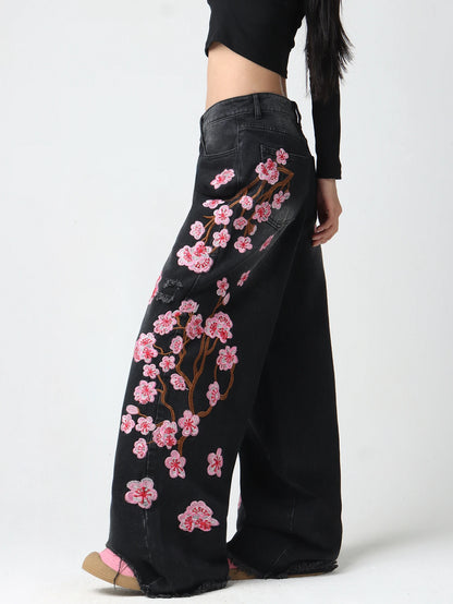 Embroidered Distressed Wide-Leg Jeans