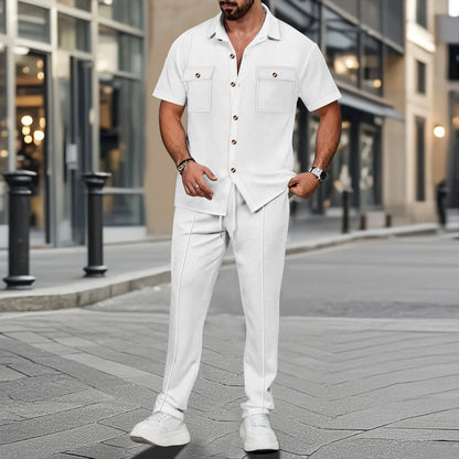 Waffle Button Shirt Trousers Set