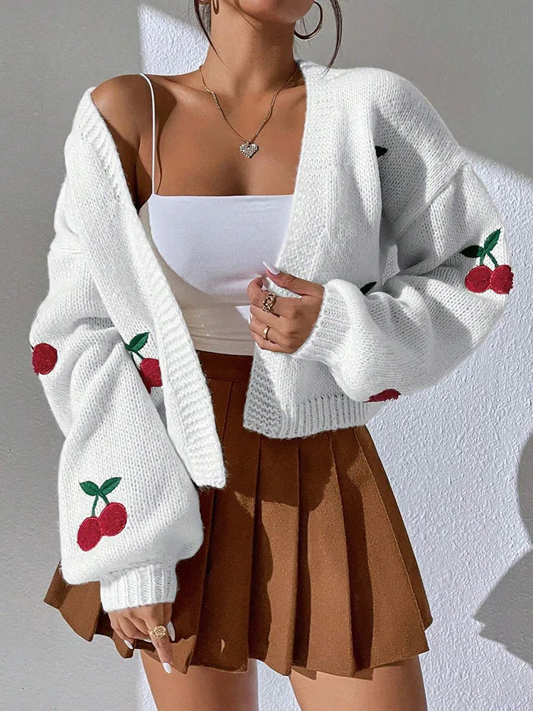 Loose Cherry Embroidered Cardigan