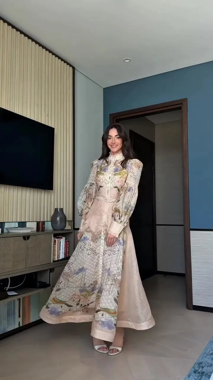Lace Print Flare-Sleeve Maxi Dress