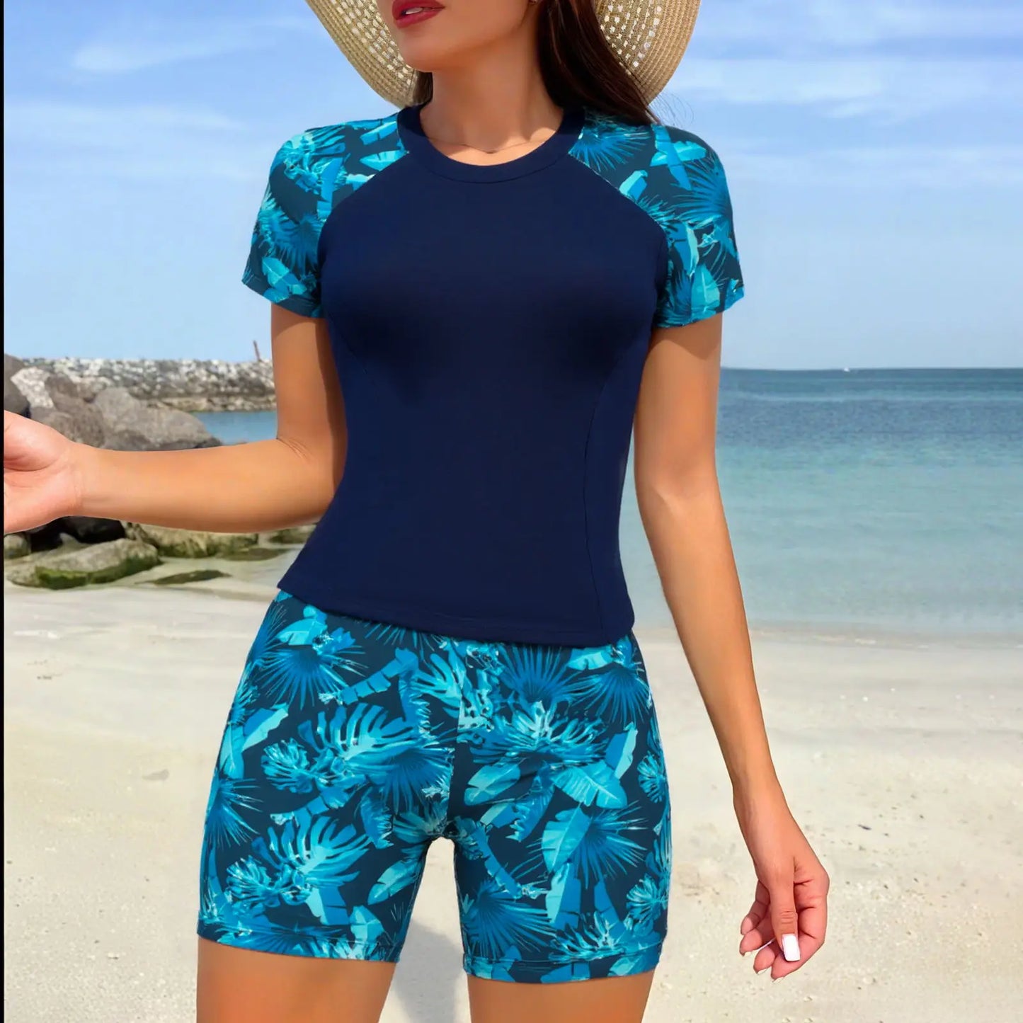 Printed Short Sleeve Tankini