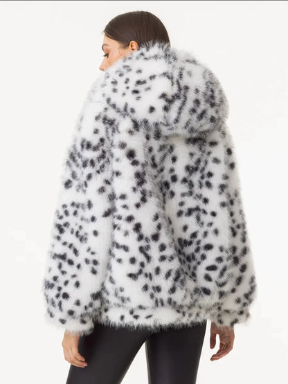 Hooded Snow Leopard Faux Fur Coat