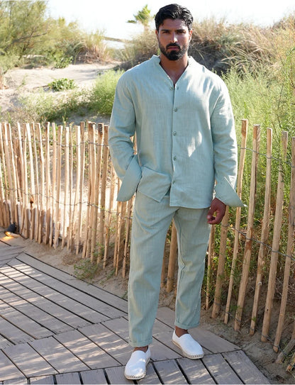 Linen Stand-Collar Loose Long-Sleeve Set