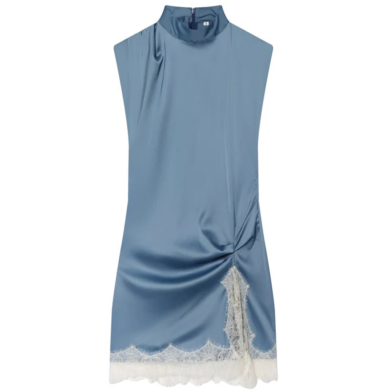 Satin Lace Ruffle Mini Dress