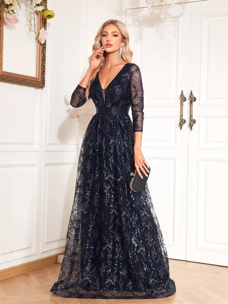 Elegant Blue V-Neck Floral Evening Dress