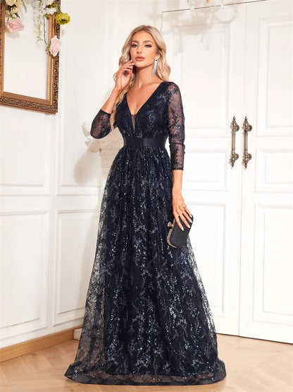 Elegant Blue V-Neck Floral Evening Dress