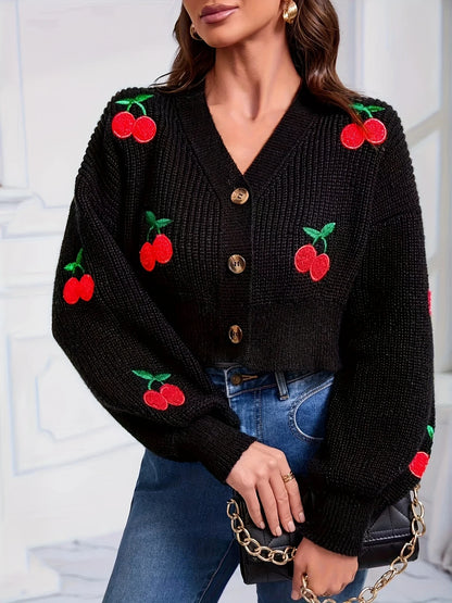 Cherry Embroidered V-Neck Cardigan