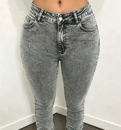 Grey Stacked Slit-Hem Jeans