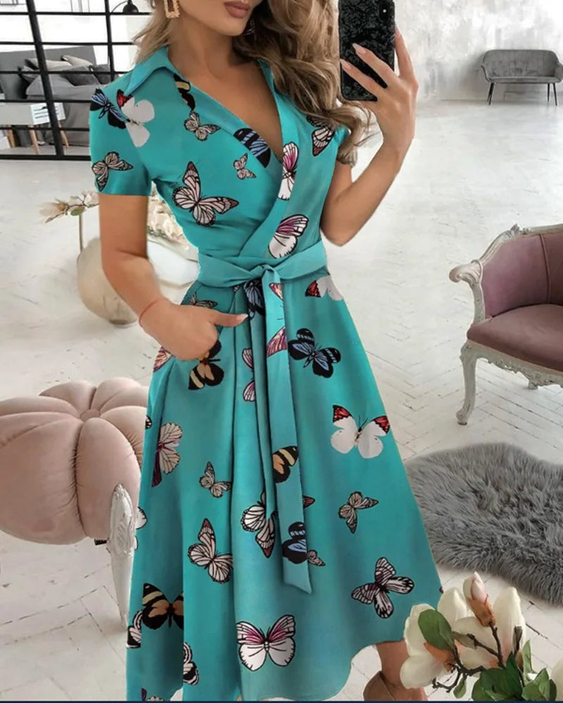Printed V-Neck Sash Dress