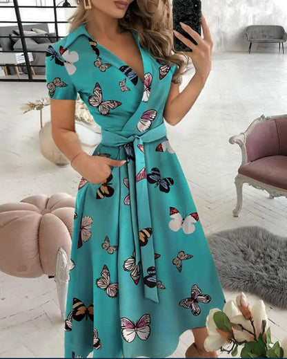 Printed V-Neck Sash Dress