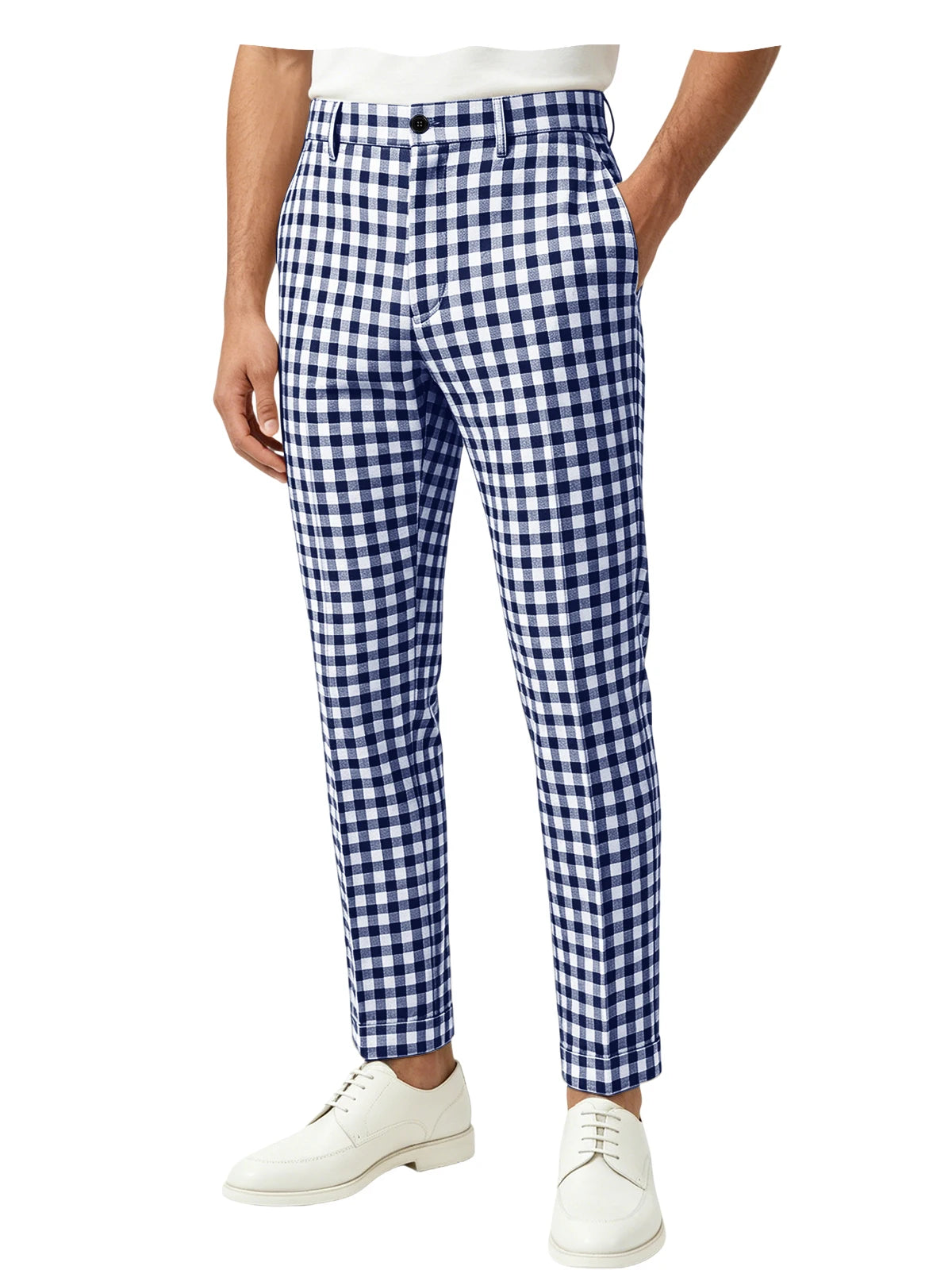 Blue White Checkered Slim Trousers