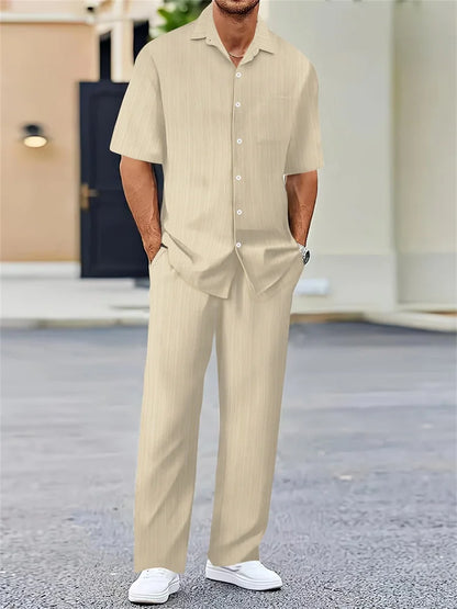 Striped 3D Print Lapel Shirt Set
