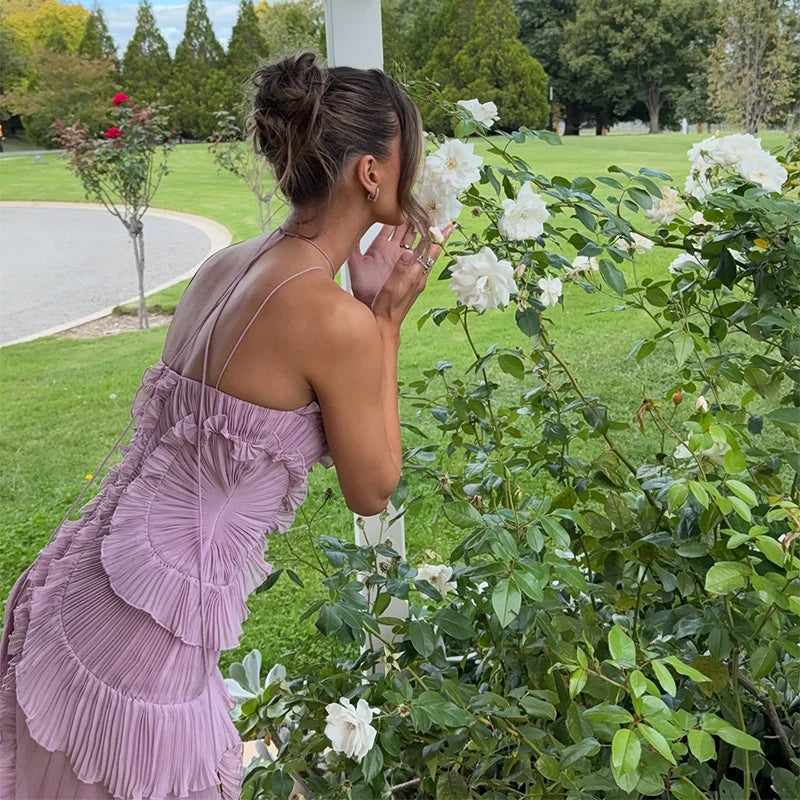 Purple Ruffle Backless Evening Dress