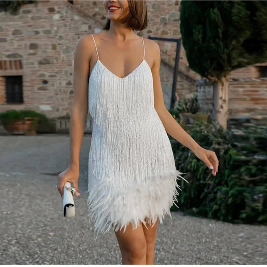 Sequins Feather Mini Spaghetti Dress