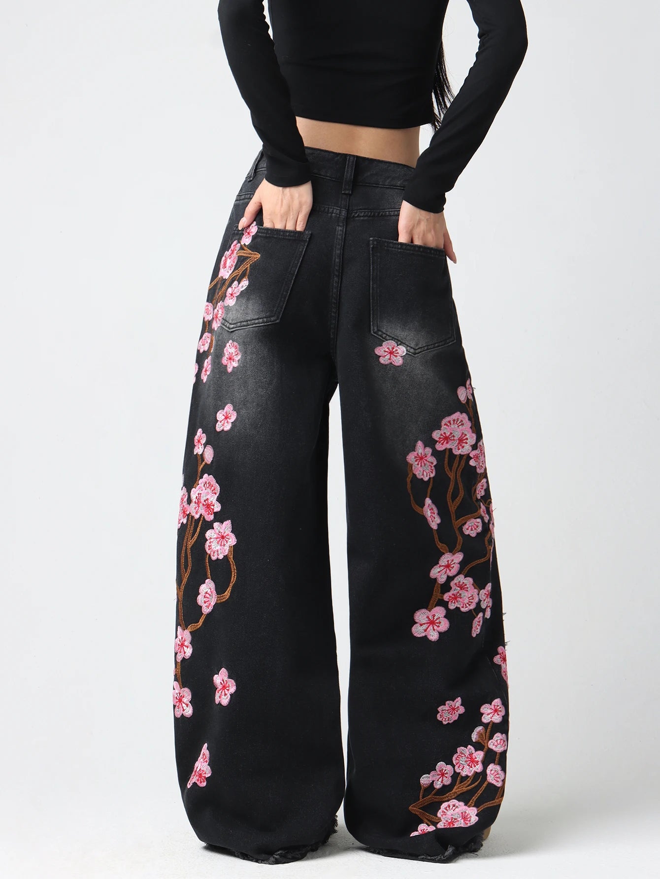 Embroidered Distressed Wide-Leg Jeans