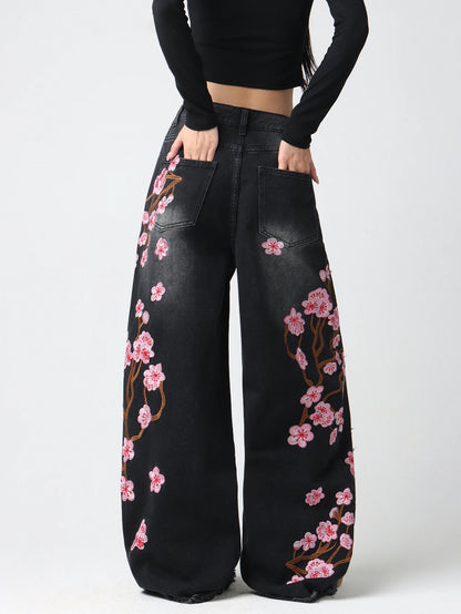 Embroidered Distressed Wide-Leg Jeans