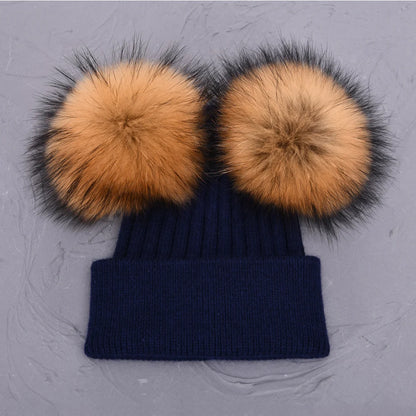 Double Fur Pompom Beanie