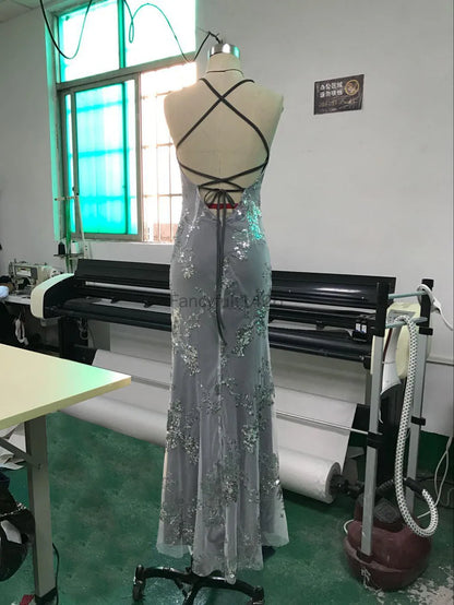 Sequin Backless V-Neck Dress