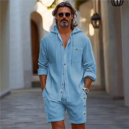 Hawaii Linen Hooded Shirt Shorts Set