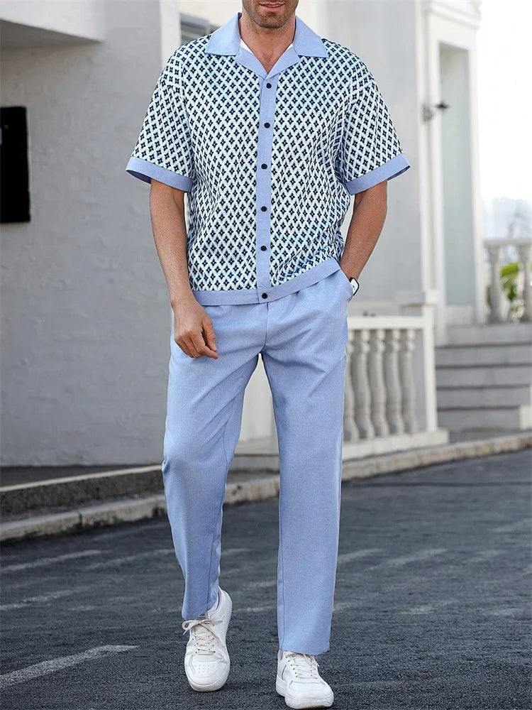 Striped 3D Print Lapel Shirt Set
