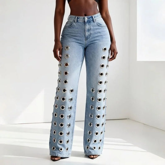 Cutout Metal Ring Bootcut Jeans