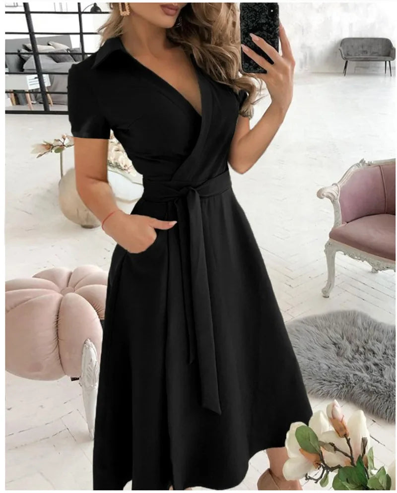 Printed V-Neck Sash Dress