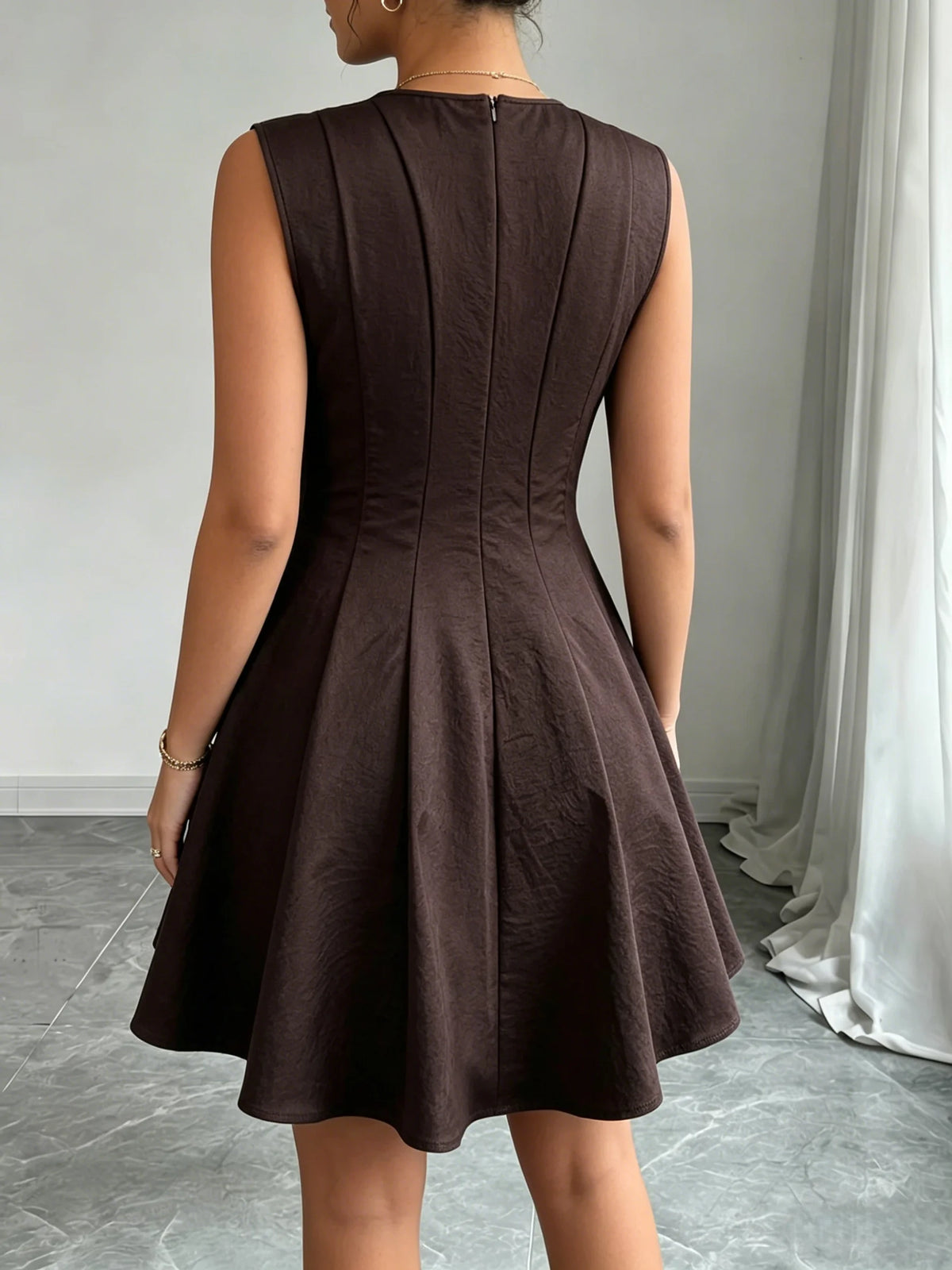 Seamed-Waist Crew Neck Mini Dress