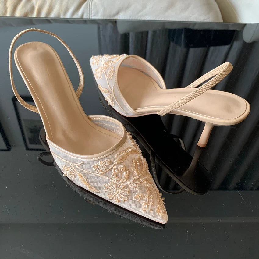 White Embroidered Slingbacks