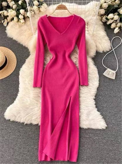 V-Neck Slit Sweater Dress