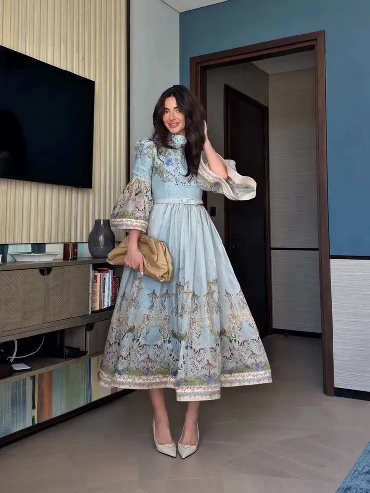 Lace Print Flare-Sleeve Maxi Dress