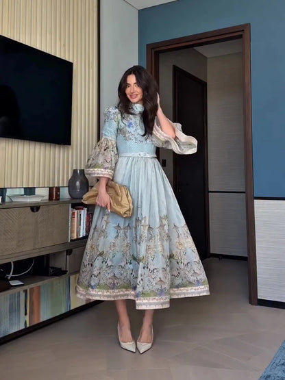 Lace Print Flare-Sleeve Maxi Dress