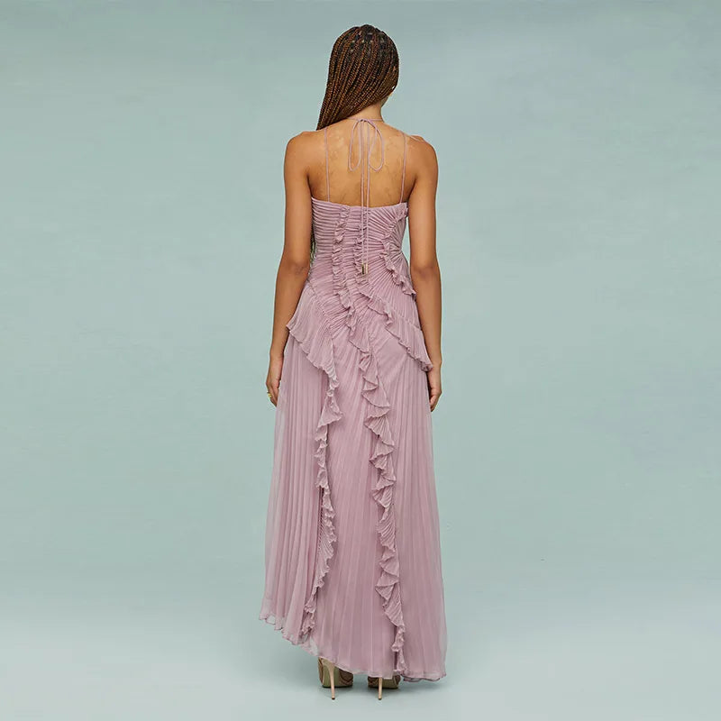 Purple Ruffle Backless Evening Dress