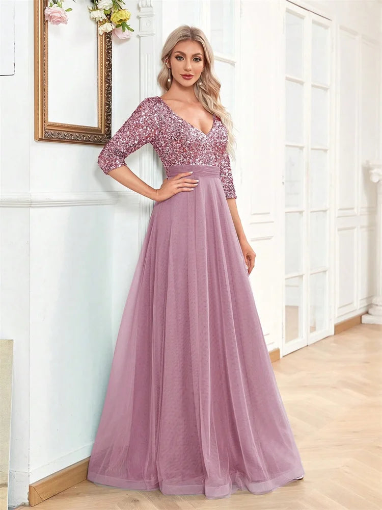 Luxury Floor Length V-Neck Evening Dress