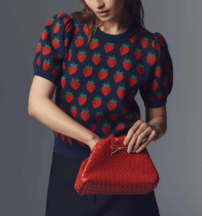 Strawberry Jacquard Puff Sleeve Sweater
