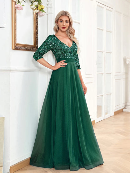 Luxury Floor Length V-Neck Evening Dress