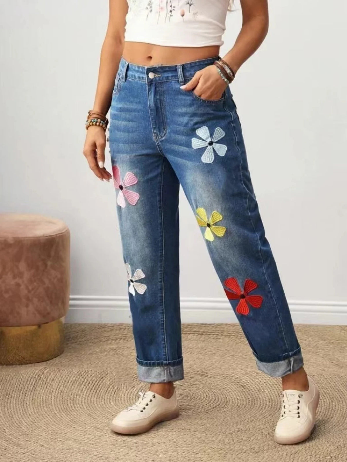 Floral Embroidered Straight Jeans