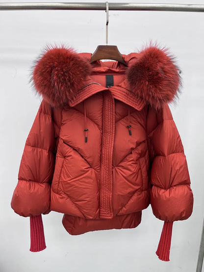 Hooded Puffer Coat with Fur Collar
