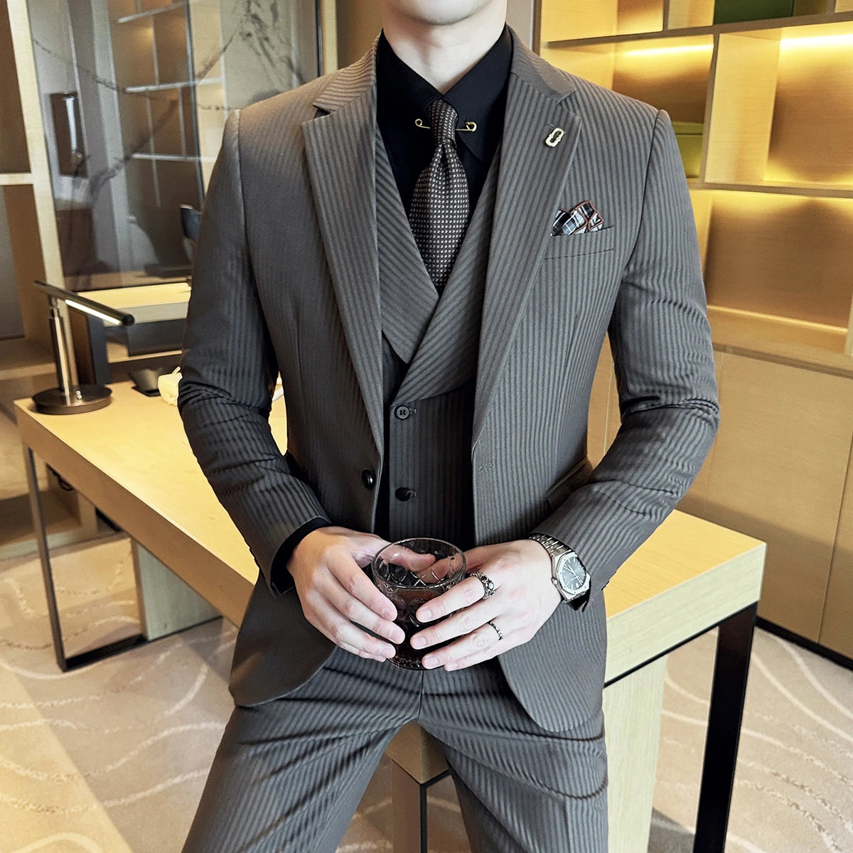 Luxury Stripe Slim Tuxedo Three-Piece