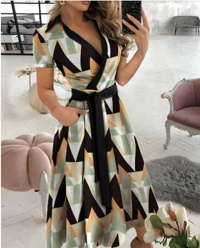 Printed V-Neck Sash Dress