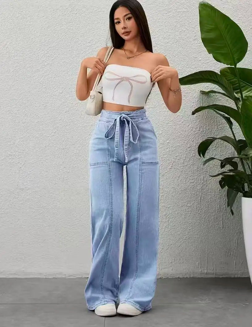 Belted Patch-Pocket Wide-Leg Jeans