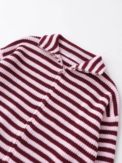Striped Zip-Up Knit Cardigan